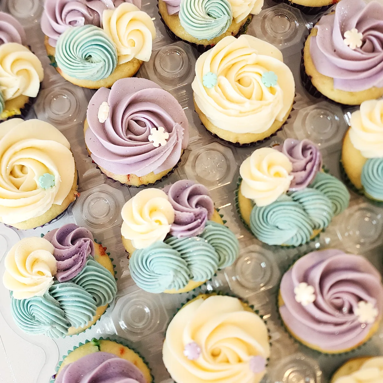 Pastel decorated custom cupcakes by Ellie Mae's Bakery