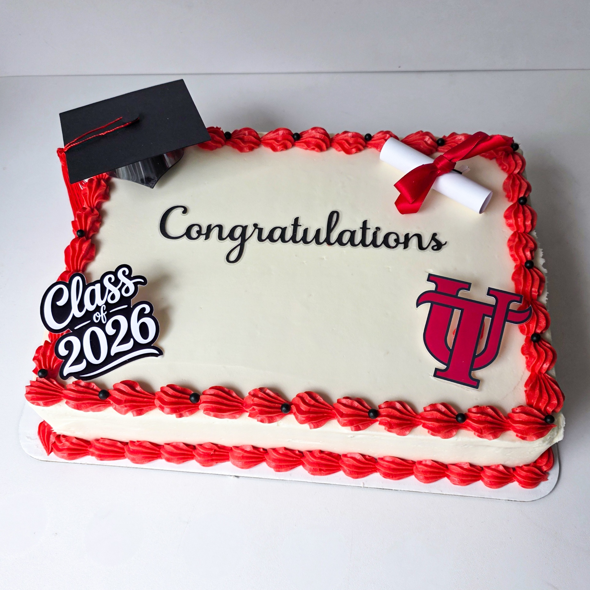 Congratulations graduation sheet cake with red shell border, Class of 2026, and University of Tampa logo
